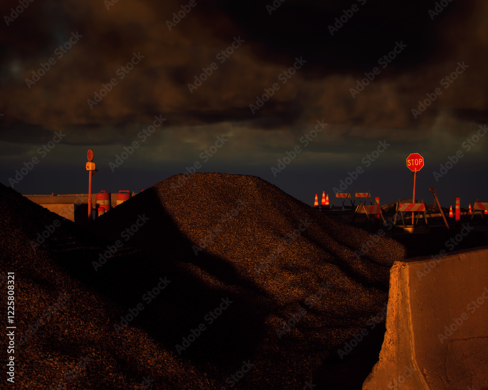 Roadside construction area during sunset with a cloudy sky. 3D render.