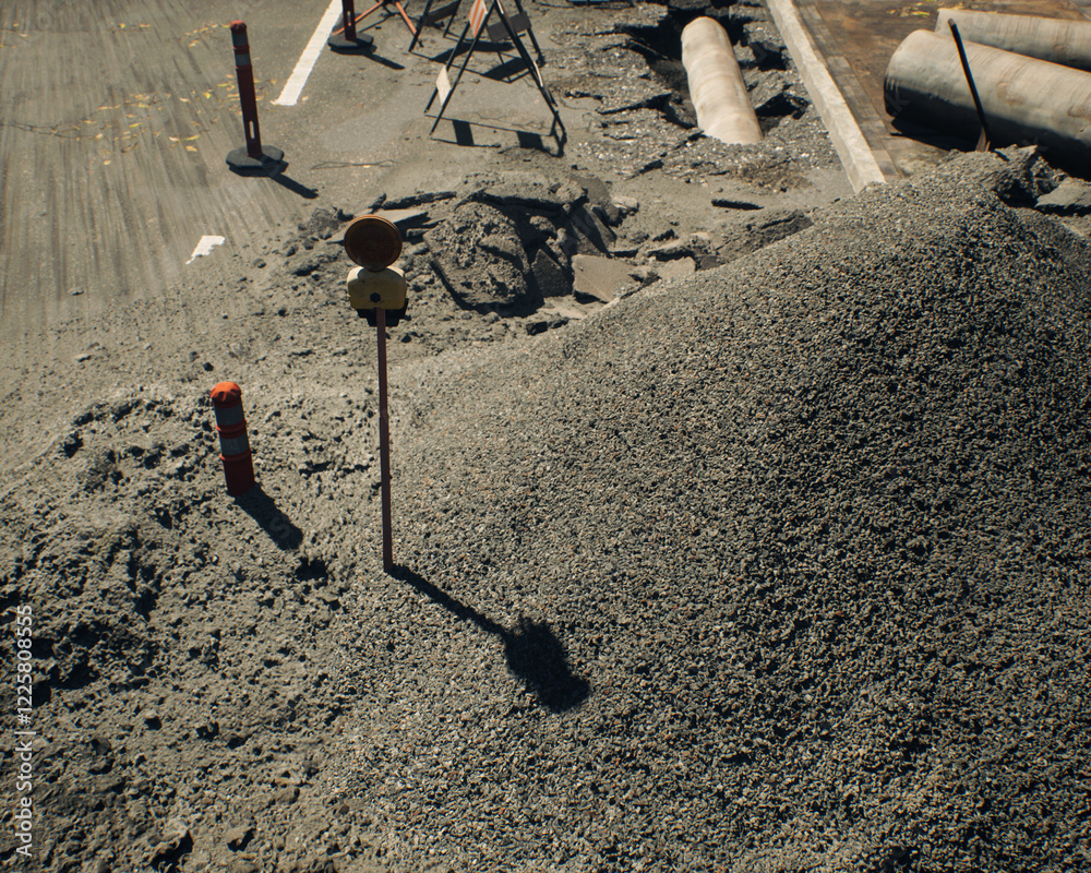 Roadside construction area in sunlight during a sunny day. High angle view. 3D render.