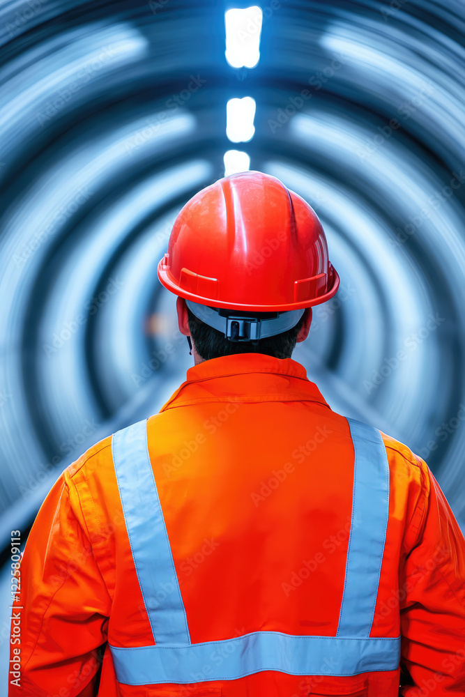 Engineer or technician control in Underground tunnel, infrastructure. Transport pipeline, empty subway for electric train Engineer or technician control in Underground tunnel, infrastructure. Transport pipeline, empty subway for electric train