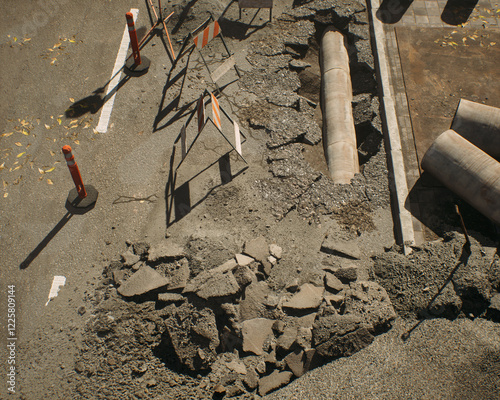 Obraz na płótnie Roadside construction area in sunlight during a sunny day. High angle view. 3D render. w salonie