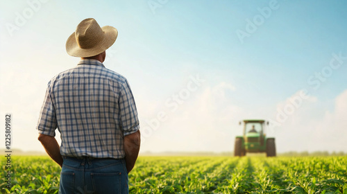 A content farmer, standing tall in a colorful crop field, with a tractor behind him, epitomizes the spirit of rural work ethic and agricultural commitment. Rural work ethic, conten photo