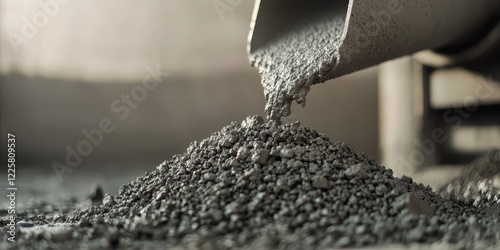 Finished cement mix inside a concrete mixer in the background of a construction site. Foundation pouring, construction industry
