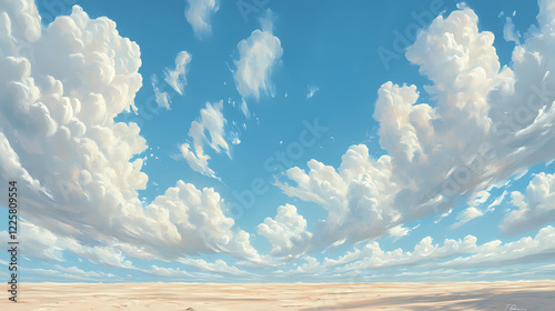 Fluffy clouds drift across the vast blue sky above a sandy beach, stretching towards the distant horizon. Eternal Sky. Illustration