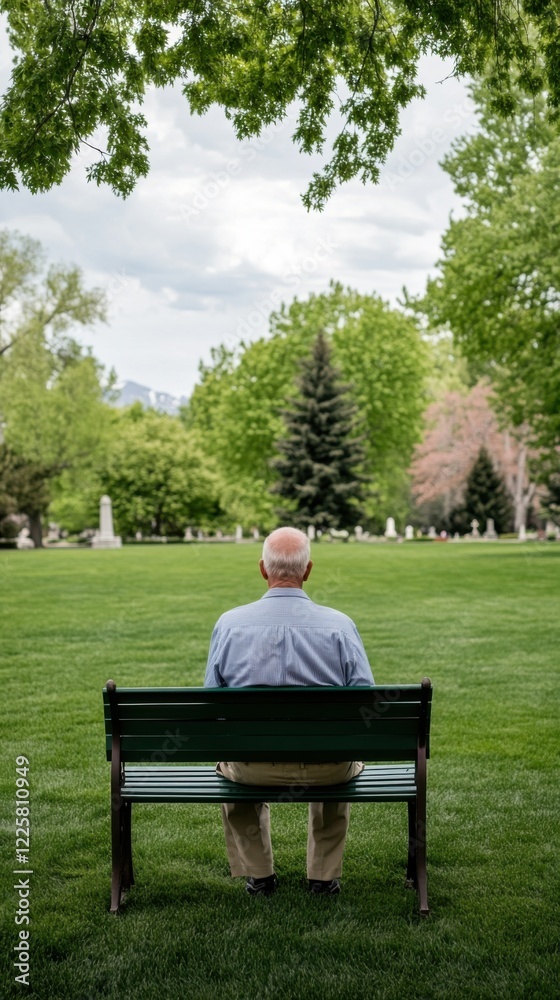 Fototapeta premium Elderly man sitting on a bench in a serene park surrounded by greenery and trees, enjoying a peaceful moment outdoors