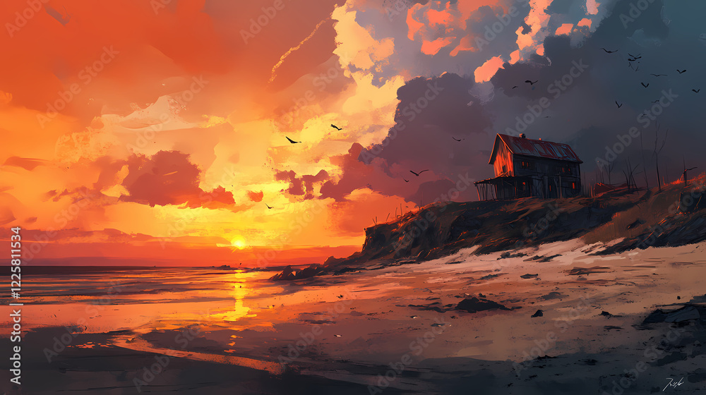 Fototapeta premium Sunset on the beach. Eternal Sky. Illustration