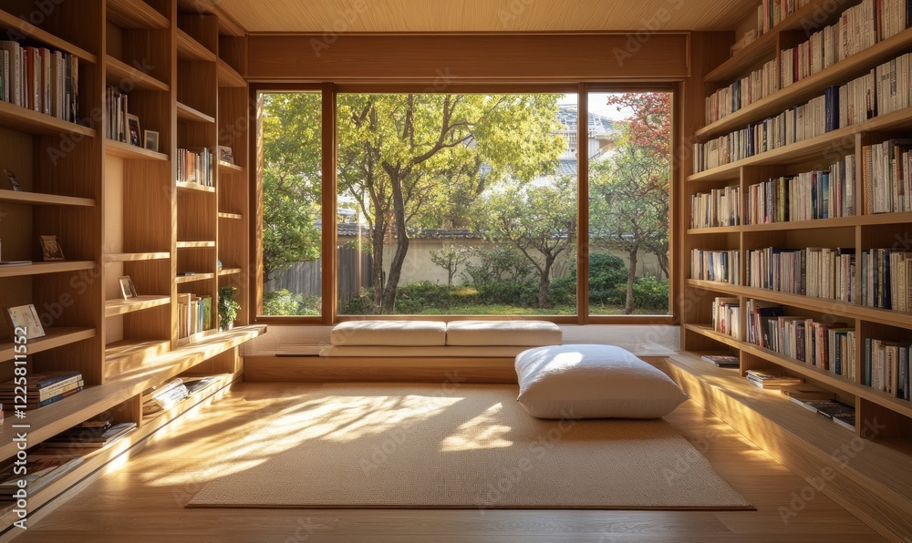 Fototapeta premium Serene Wooden Library with Garden View