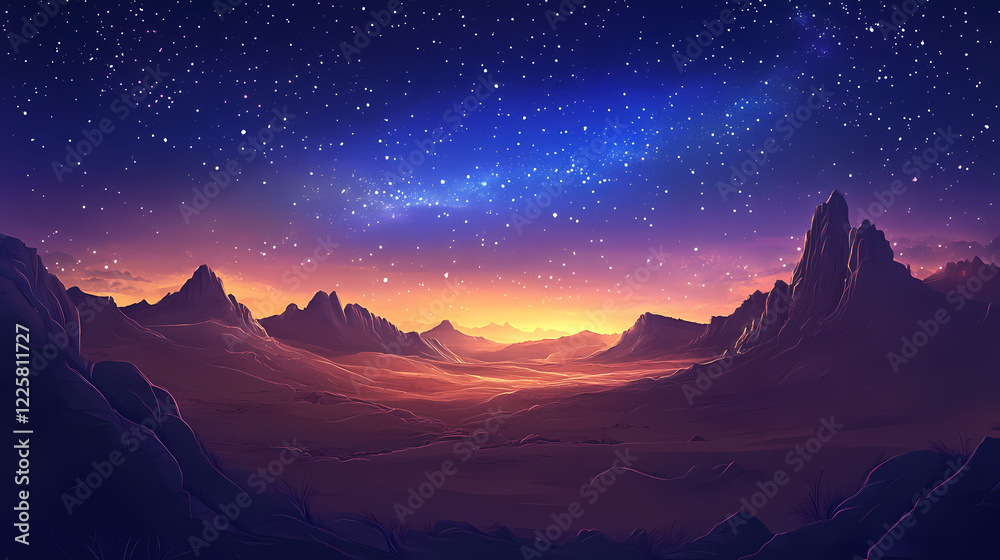 Under a sky full of stars, a vast desert landscape stretches out, with mountains in the distance. Eternal Sky. Illustration Under a sky full of stars, a vast desert landscape stretches out, with mountains in the distance. Eternal Sky. Illustration