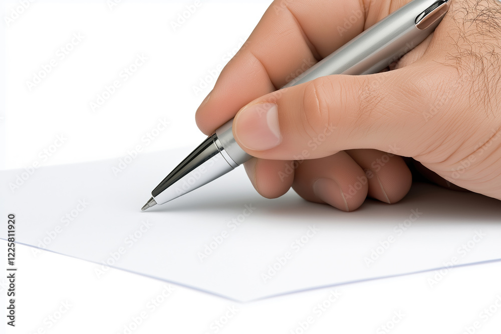 Hand holding silver pen poised to write on blank white paper in simple setting Hand holding silver pen poised to write on blank white paper in simple setting