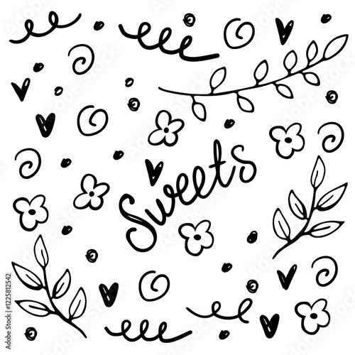 Hand drawn pattern: lettering Sweets and flowers, branches with leaf in doodle style isolated on a white background. Vector illustration. Trendy lettering for products sweets, packaging, cake, cupcake