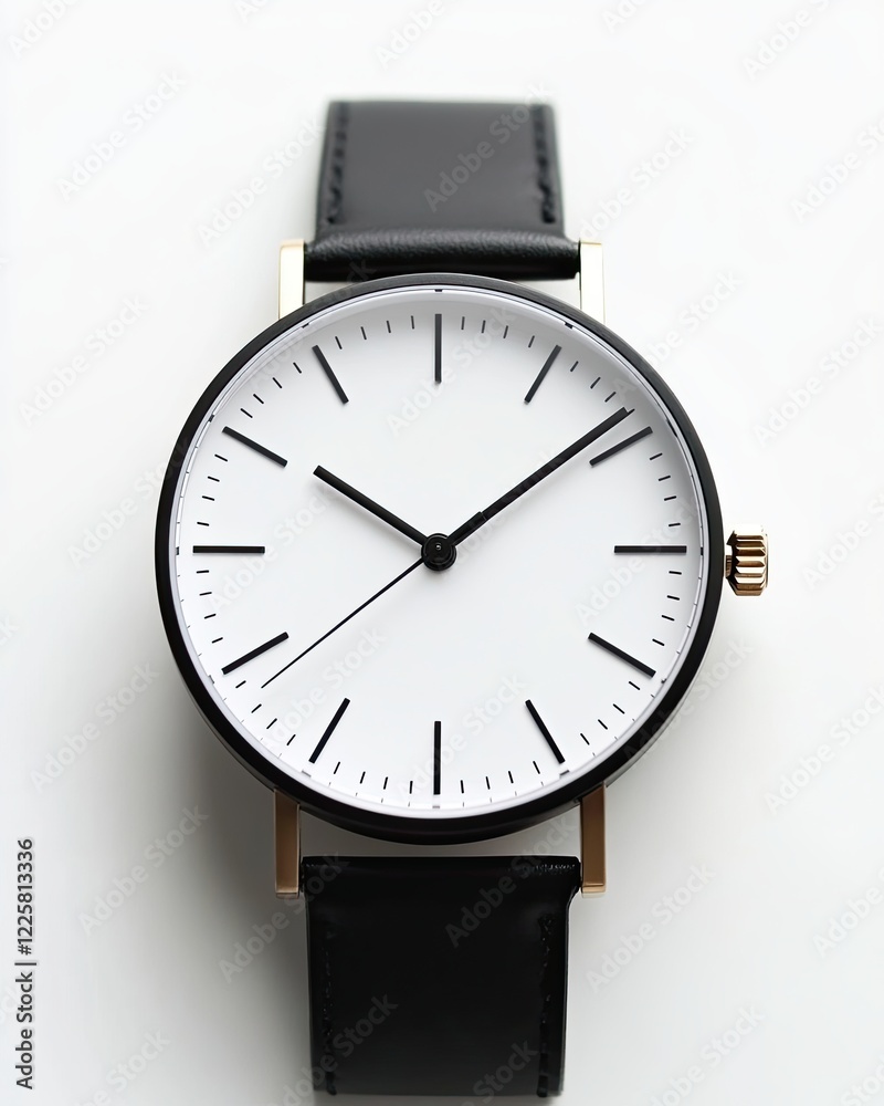 Elegant Minimalist Wristwatch Resting on a White Desk With Space for Text to the Right Elegant Minimalist Wristwatch Resting on a White Desk With Space for Text to the Right