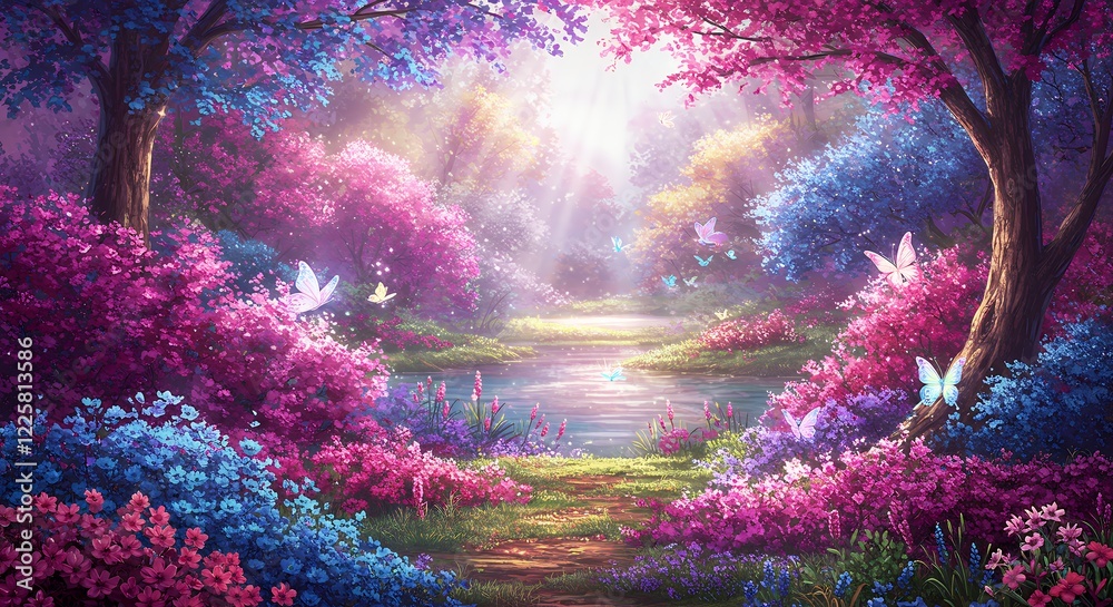 Fototapeta premium Magical Enchanted Forest Path with Butterflies and Flowers