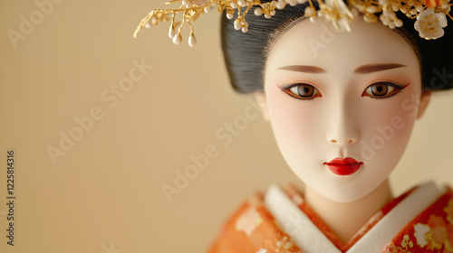 A close-up of a Hinamatsuri doll with a golden crown, intricate details, and a serene expression photo