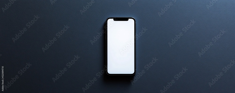 Modern smartphone displaying blank white screen on dark blue background Modern smartphone displaying blank white screen on dark blue background