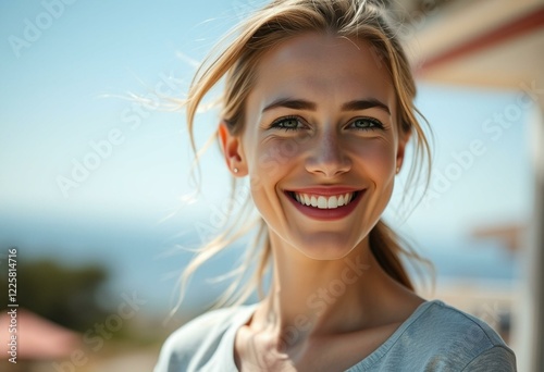 Outdoor portrait of a smiling female with blurred background photo