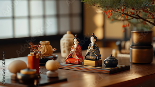 A vintage-style Hinamatsuri display featuring traditional handcrafted dolls and decor photo