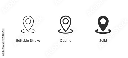 location pin icon, map pointer icon in editable stroke, outline, solid and filled style
