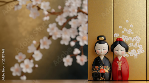 Elegant emperor and empress dolls displayed on a golden folding screen, surrounded by cherry blossoms, embodying Japan's Hinamatsuri (Doll's Festival)
