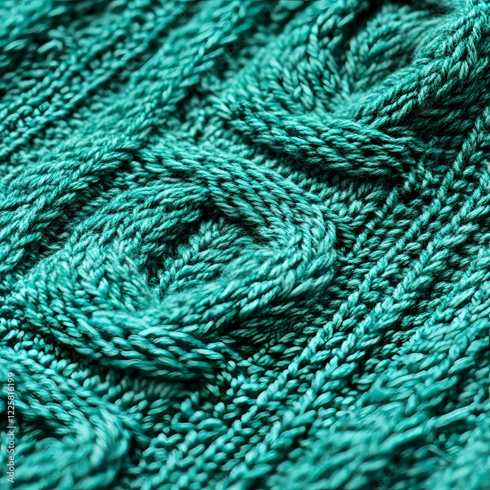Close-up Teal Cable Knit Texture: Cozy Winter Fabric Background Close-up Teal Cable Knit Texture: Cozy Winter Fabric Background