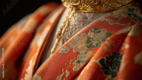 Close-up of a Hinamatsuri emperor doll's ornate golden crown and intricately embroidered orange kimono photo