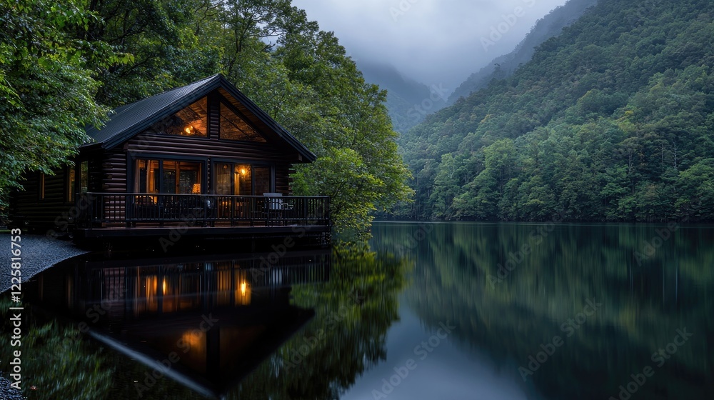Fototapeta premium Lakeside cabin at dusk, nestled in a serene mountain valley. Vacation rental, peaceful escape
