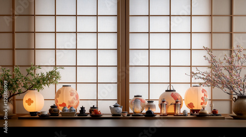 A stunning arrangement of Hinamatsuri dolls in front of beautiful paper lanterns and sakura blossoms, symbolizing the Japanese Doll's Festival photo