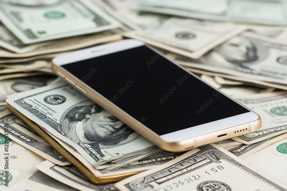 Mobile phone on a pile of cash in an indoor setting during daytime