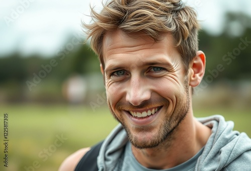 Outdoor portrait of a tired but smiling male with visible sweat