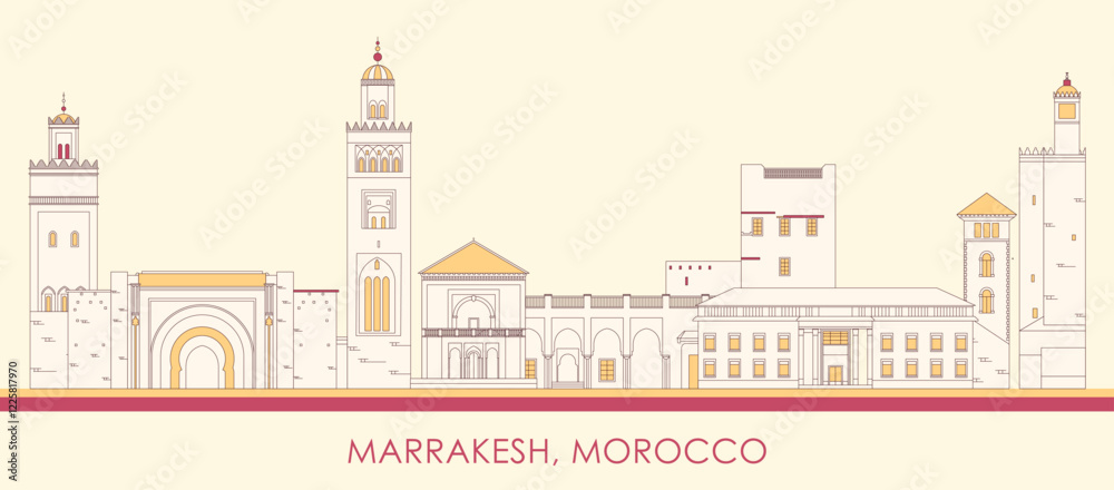 Obraz premium Cartoon Skyline panorama of town of Marrakesh, Morocco - vector illustration