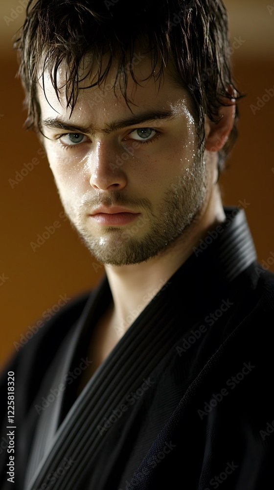 Obraz premium Closeup Portrait Sweaty Man Black Gi Martial Arts