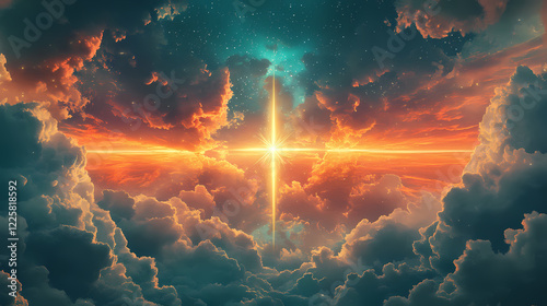 Bright cross in the sky spiritual theme easter meaning hope in jesus christian beliefs faith and salvation heaven s entrance soul s eternal life. Eternal Sky. Illustration photo