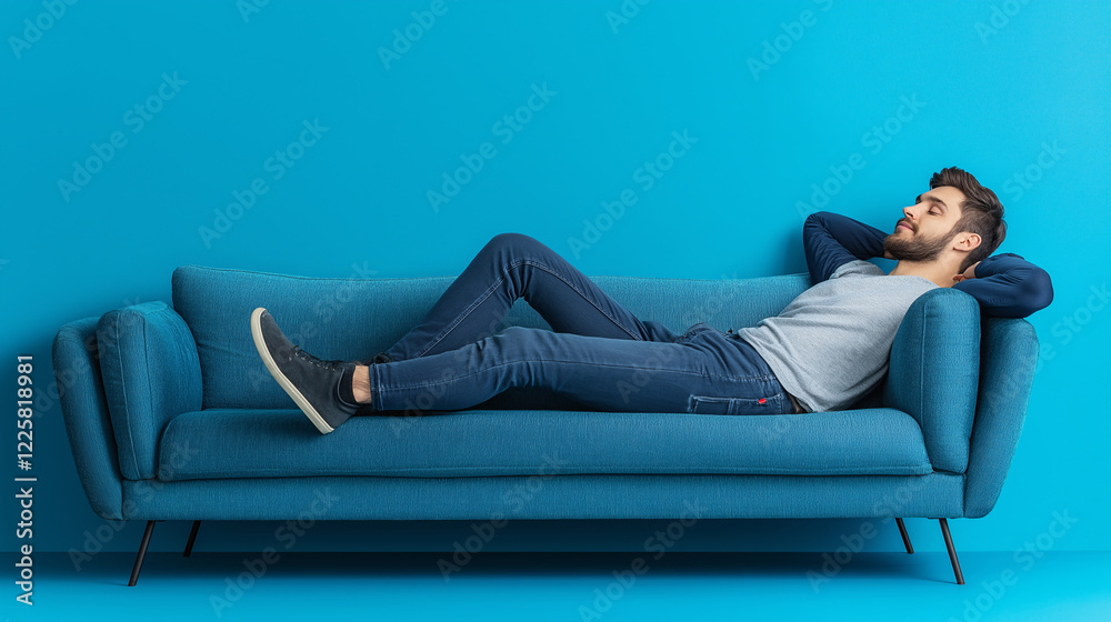 A man is laying on a blue couch, wearing blue jeans and a gray shirt A man is laying on a blue couch, wearing blue jeans and a gray shirt
