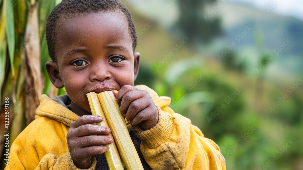 The people of Rwanda Local African kid eating sugar cane in his mountain village The people of Rwanda Local African kid eating sugar cane in his mountain village