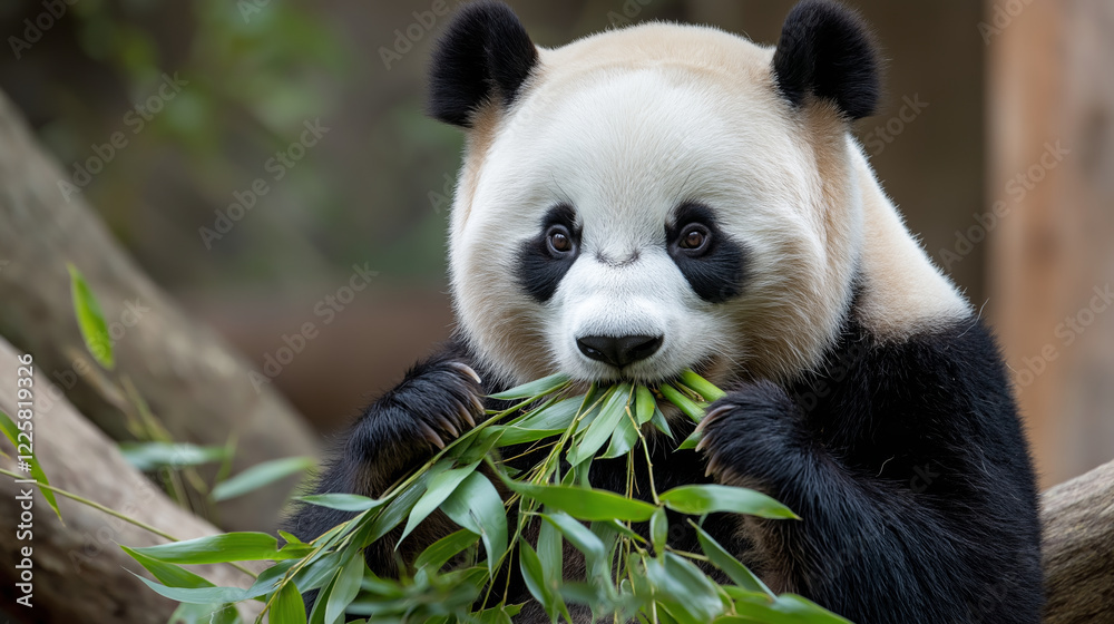 A giant panda eating bamboo in a serene forest clearing, symbolizing wildlife conservation and harmony