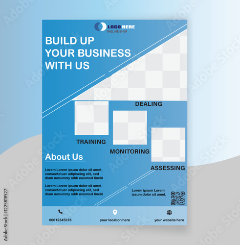 professional corporate business flayer , with modern blue gradient design ,customizable image placeholders ,and strategic layout for marketing, training, monitoring and assessment services.