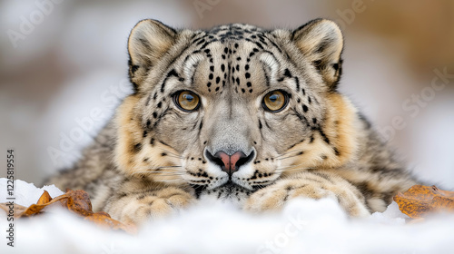 A close-up of a snow leopard resting on snowy terrain, symbolizing wildlife conservation and protection photo