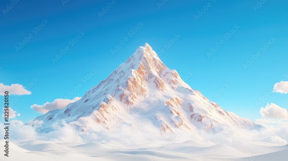 Fototapeta premium Snow-covered mountain peak rises majestically above a sea of clouds under a clear blue sky.