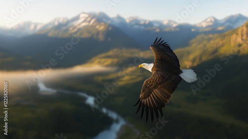 A bald eagle soaring over a pristine mountain valley, symbolizing freedom and the majesty of wildlife photo