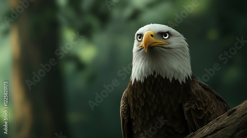A close-up of a bald eagle perched on a tree branch, showcasing its piercing eyes and majestic wings photo