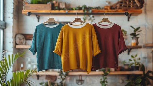 Three colorful t-shirts hanging on wooden hangers in cozy interior with green plants, casual clothing display in teal, mustard, and maroon colors, rustic and natural style, sustainable fashion concept