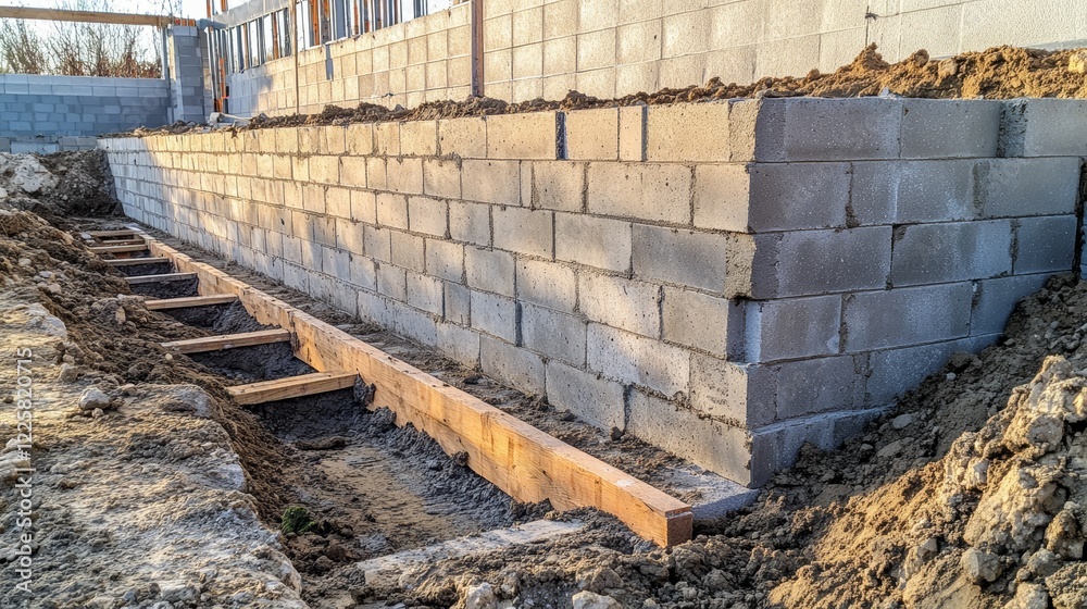 A construction project using cement blocks A wall made of concrete bricks Construction base groove Construction site A construction project using cement blocks A wall made of concrete bricks Construction base groove Construction site