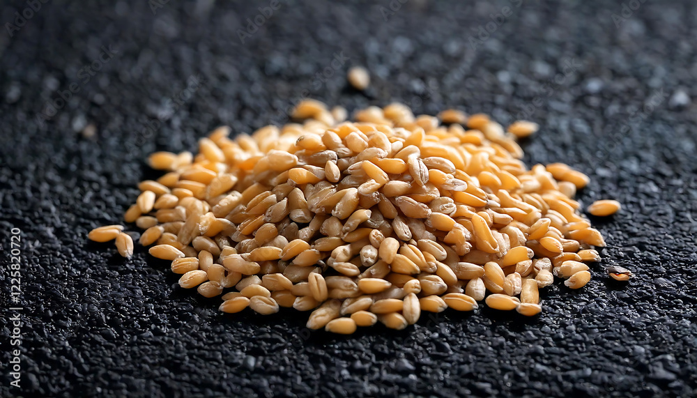 Fototapeta premium Close-up of a pile of light brown wheat grains on a dark textured surface. High-quality image perfect for food blogs, culinary websites, or agricultural publications.