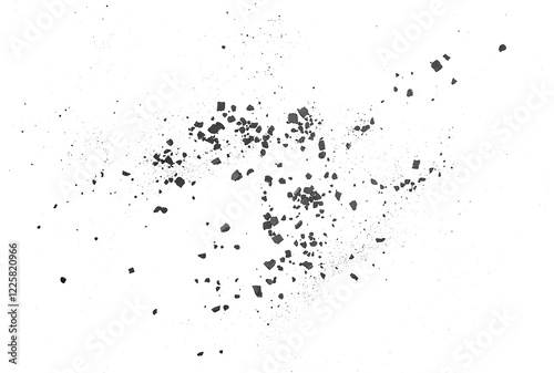 Black coal dust isolated on a white background, view from above. Charcoal dust scattered, coal powder.
