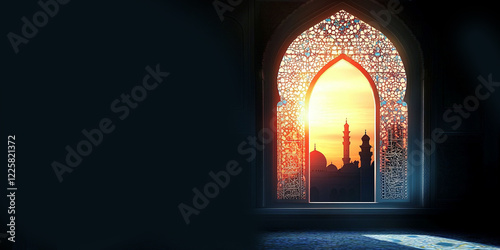 Ramadan Kareem background with ornate mosque window photo