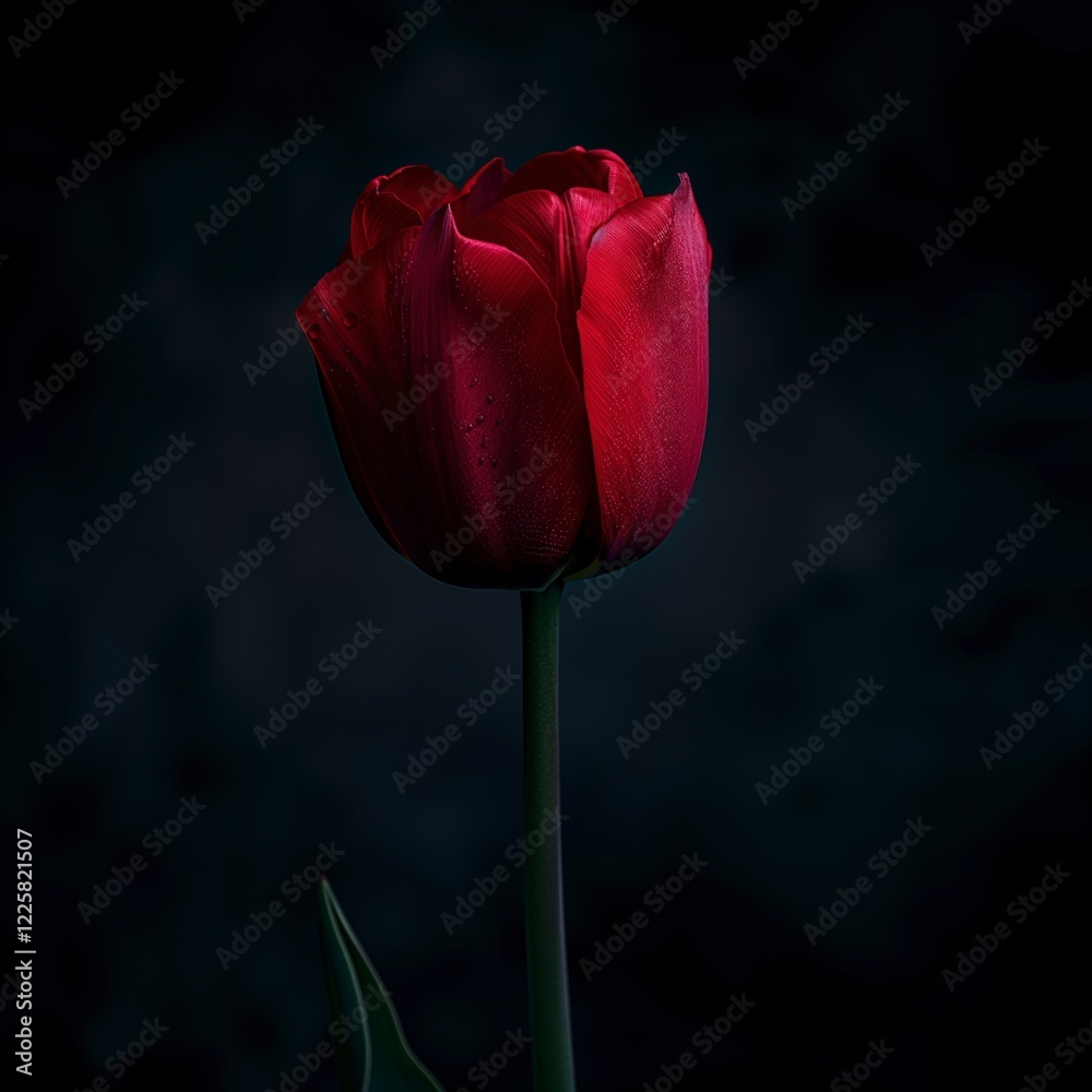 A single red flower is the main focus of the image. The flower is standing tall and is surrounded by darkness, giving it a sense of solitude and mystery. AI generated. A single red flower is the main focus of the image. The flower is standing tall and is surrounded by darkness, giving it a sense of solitude and mystery. AI generated.