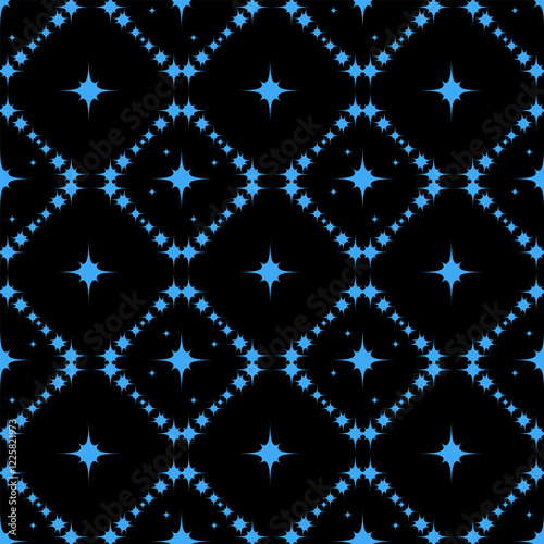 black background with seamless pattern of blue stars.   a striking contrast. The pattern is symmetrical. The overall effect is a starry night sky.