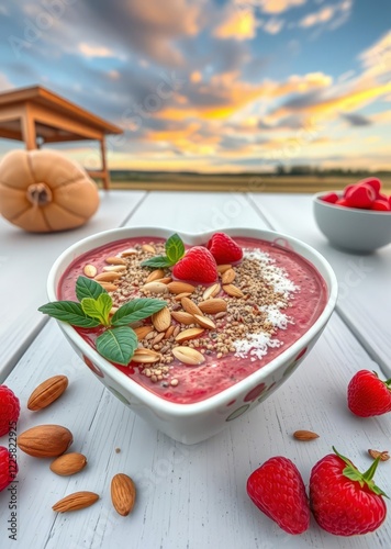 Healthy raspberry smoothie in a heart shaped bowl with almonds pumpkin and chia seeds coconut on a white wood background Super Bowl football game sport ball american superbowl photo