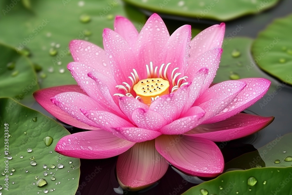 Pink lotus flower with water droplets on green leaves Pink lotus flower with water droplets on green leaves