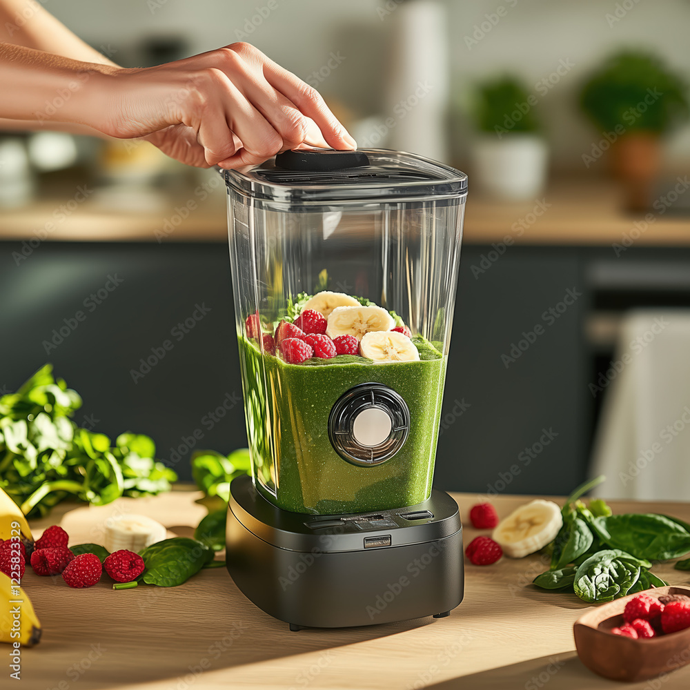 Close-up of hands blending a vibrant green smoothie in a sleek, modern kitchen.