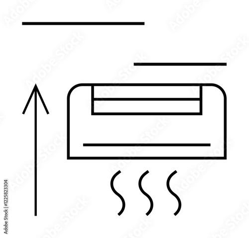 Air conditioner unit with arrow indicating airflow direction and three cooling wave lines. Ideal for climate control guides, HVAC manuals, energy-saving tips, weather apps, home appliance ads