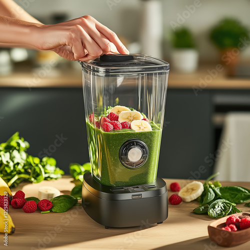 Obraz na płótnie Close-up of hands blending a vibrant green smoothie in a sleek, modern kitchen. w salonie